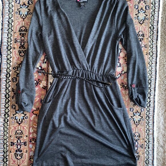 Delicious Los Angeles Long Sleeved Grey Dress with Elastic Waist & Pockets - Picture 4 of 12